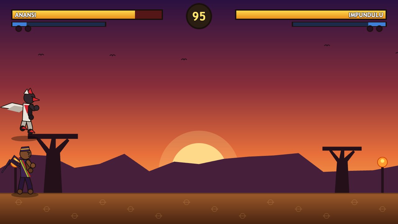 Ancestral Combat: two folklore fighters mid-fight at sunset.
