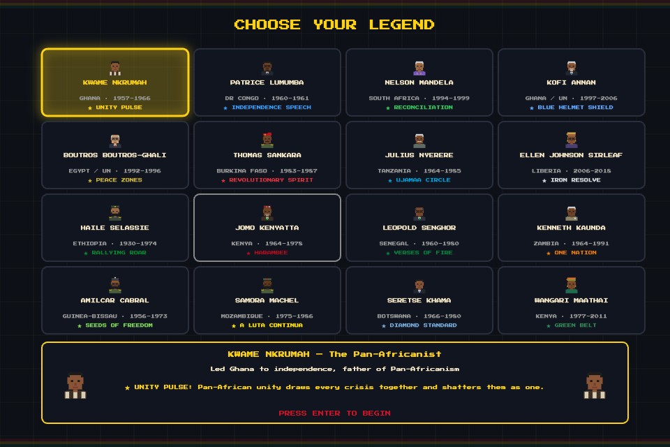 Legends of the Continent: a pixel-art grid of sixteen leaders, from Kwame Nkrumah to Wangari Maathai.